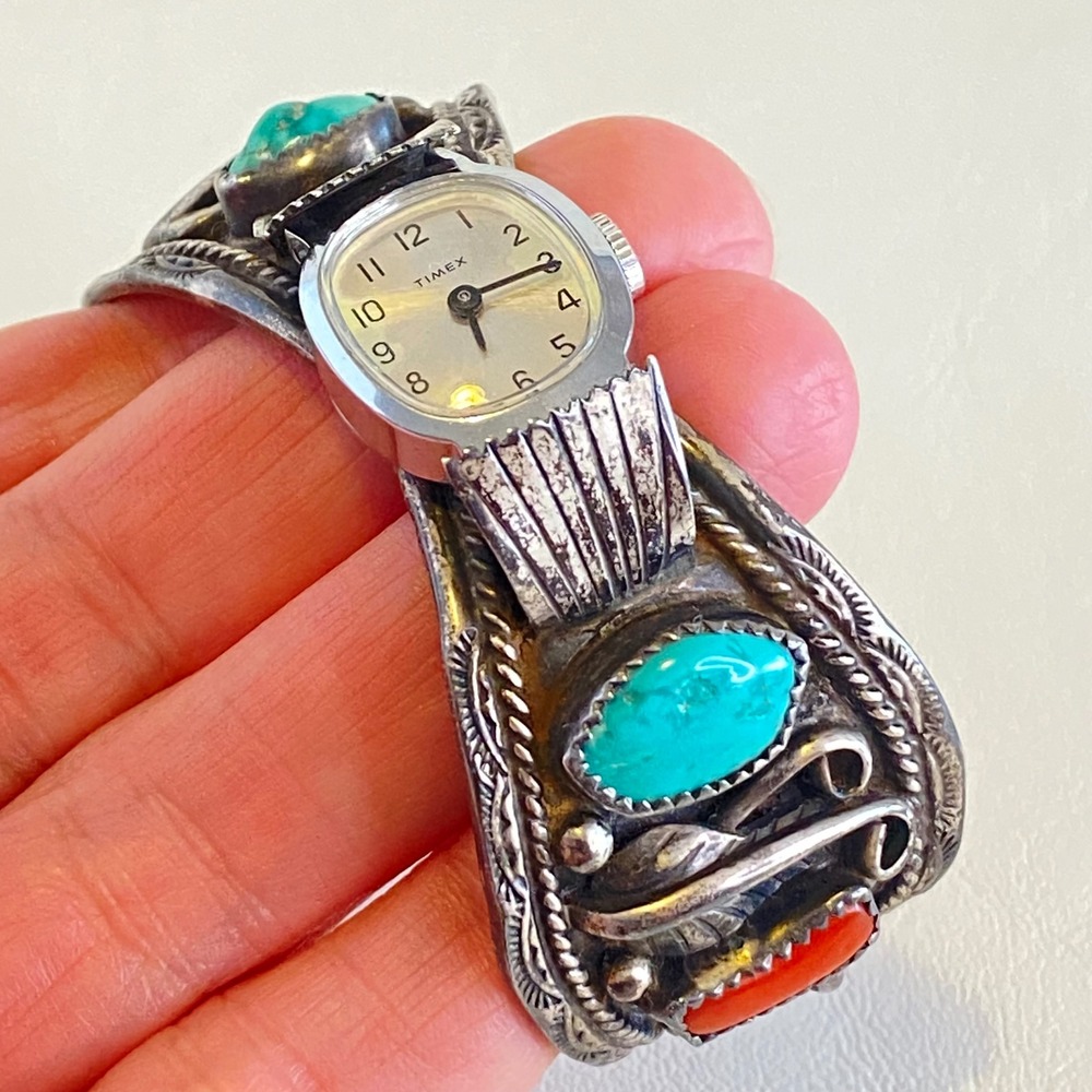 Vintage Timex Watch Cuff Bracelet Sterling Silver Turquoise Coral Southwestern